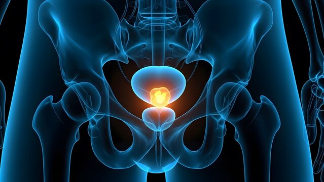 Prostate cancer anatomy and urology health. Reproductive system and oncology. Blue transparent male pelvis showing a glowing orange tumor in the prostate gland area