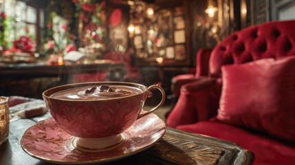 Fototapeta premium Hot chocolate in ornate pink vintage teacup with steam on wooden table, cozy luxury cafe interior with red velvet sofa, romantic atmosphere, warm winter drink, elegant afternoon tea, dark academia