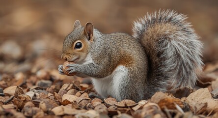 Cute furry squirrel feeding on nuts against a soft earthy toned environment