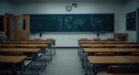 dimly blurred empty classroom environment with desks