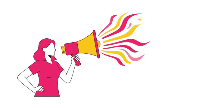 A woman enthusiastically shouting through a megaphone, conveying a message or announcement, in a bold and vibrant illustration style