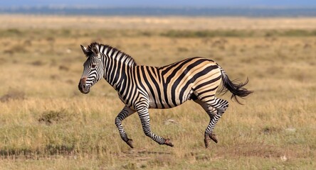 Fototapeta premium Curious zebra stallion galloping across open plains in vibrant full color
