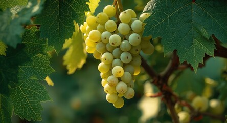Naklejka premium White grapes ripe for harvest on vine framed by deep green grapevine leaves