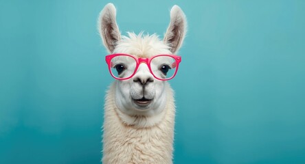 Fototapeta premium Chic llama featuring bright pink spectacles on a turquoise backdrop with ample copy space