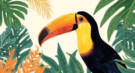 Fototapeta premium Colorful toucan bird illustration with tropical foliage