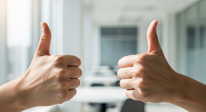 Two hands give a double thumbs up gesture. The hands are light-skinned and appear to belong to a young adult.
