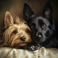 Fototapeta premium A small fluffy tan Yorkshire Terrier and a large black German Shepherd dog rest their heads together on a textured fabric with floral patterns in a dark moody setting