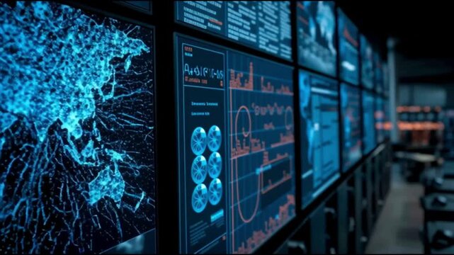 Defense tech military systems. Defense tech military modernization. Defense tech aerospace security. Wall of digital data screens displaying maps and analytics in a control room