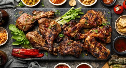 Fototapeta premium Barbecue platter with grilled lamb and chicken alongside fresh vegetable sides and condiments overhead