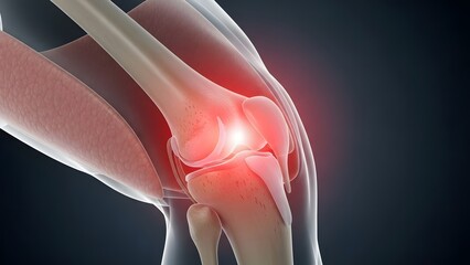 Knee joint anatomy and osteoarthritis inflammation. Orthopedic surgery and physical therapy. Detailed medical illustration of human leg showing glowing red patella and bone pain
