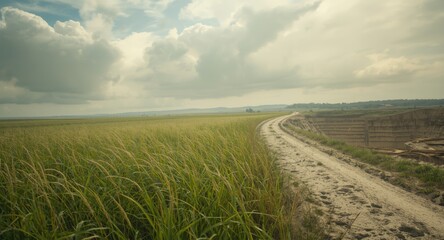 Fototapeta premium Lush green grass field and sandy road beside sand quarry edge under cloudy sky with natural industrial landscape