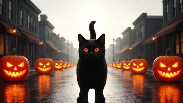 Black cat walking down spooky halloween street with glowing pumpkins 4k video