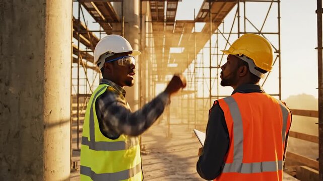 Two African American construction workers discussing project on scaffolding at sunset.