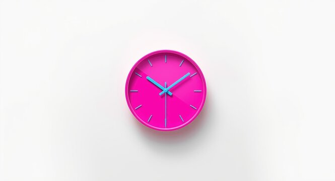 Pink clock with sharp blue hands positioned on a white background