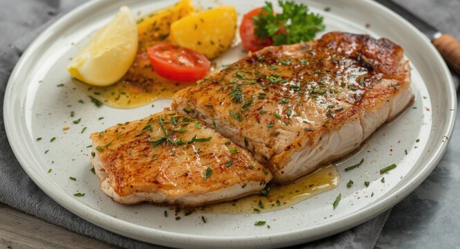 Atlantic wolffish steak seasoned with garlic and herb mix