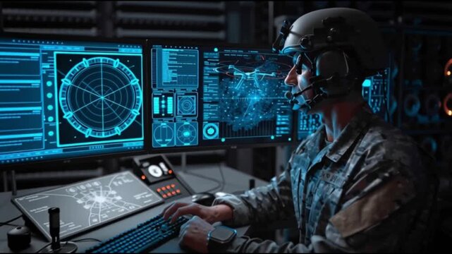 Defense tech military systems. Defense tech military modernization. Defense tech aerospace security. Military personnel monitoring a digital drone interface with advanced technology