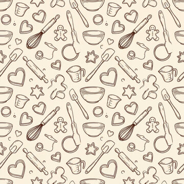 Seamless baking tools doodle pattern in brown ink on cream background