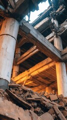 A close-up view of a crumbling building structure, showcasing debris and illuminated columns