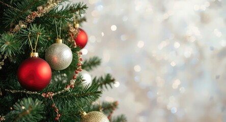 Fototapeta premium Christmas tree dressed in festive ornaments against a softly blurred sparkling backdrop