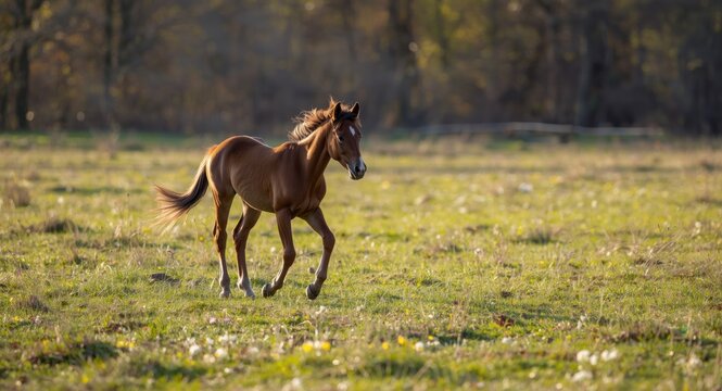 delighted foal following mare across sunlit spring pasture