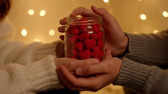 Jar of hearts with warm glow.