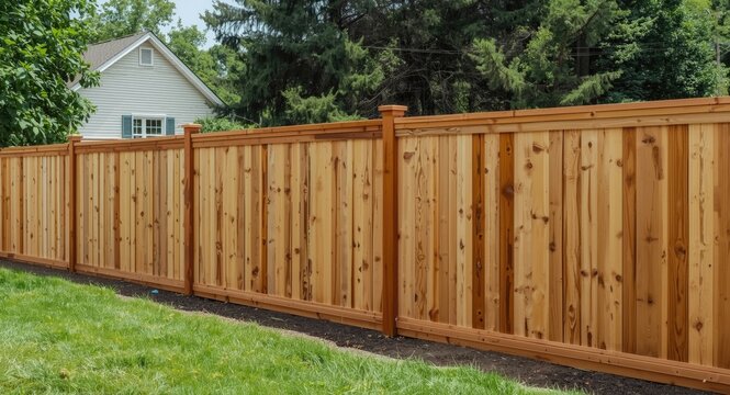 Durable cedar wood fence enclosing a residential property