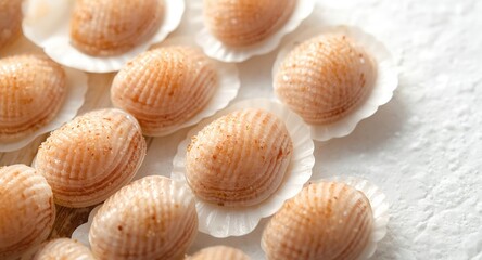 Close up view of fresh scallops in shells on a white textured surface