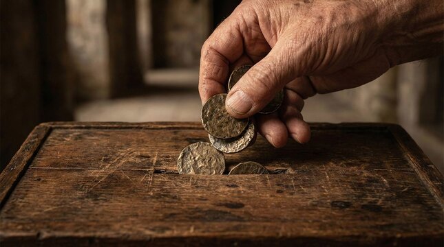 Concept of the widow mite showing an old hand dropping ancient coins into a wooden offering box AI generated
