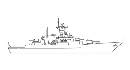 Simple Line Drawing of Warship. © Deni