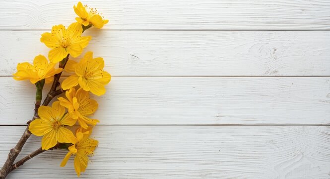 Cheerful yellow flamboyant blossoms placed upon white wood texture with ample copy space for spring and Easter projects