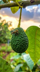 Ripe avocado hangs from tree branch, textured skin, insect perched on fruit, dusk backdrop