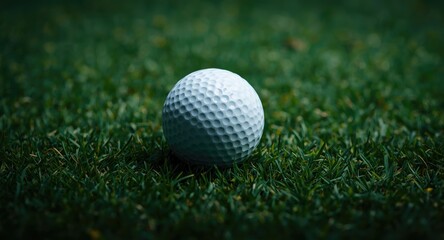 Fototapeta premium Detailed macro image of a golf ball resting on healthy green lawn with vertical layout for marketing text
