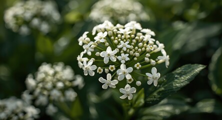 Close up image of pristine small white flowers in nature