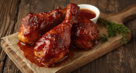Fototapeta premium Barbecue chicken leg quarters glazed with sauce on rustic wooden table