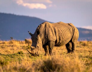 Obraz premium Rhino grazes on golden savanna, sunlit, against a hill silhouette in soft, warm lighting