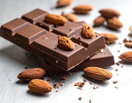 Rich milk chocolate bar with whole almonds, resting on a silver surface
