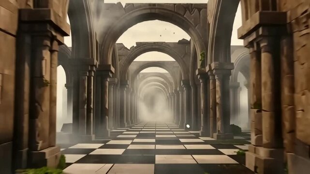 Ancient Ruins with Arches and Fog, Mysterious Atmosphere in Historic Location, Sunlight Filtering Through