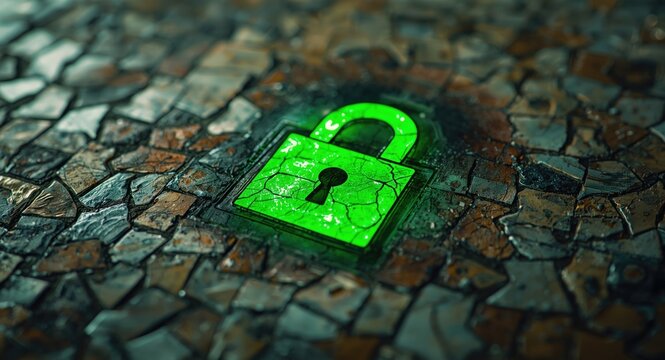 Bright green login mark positioned on a textured mosaic panel
