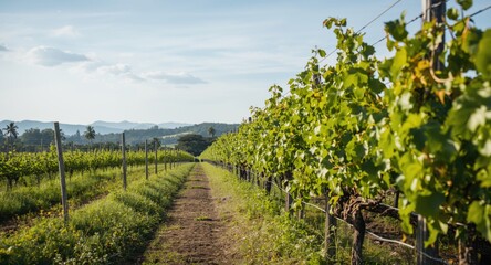Naklejka premium Delightful summer path beside thriving green vineyards