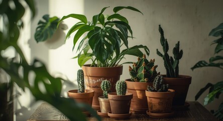 Obraz premium Selection of houseplants such as cacti and monstera symbolizing plant care at home