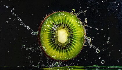 Fresh kiwi fruit sliced splash water droplets dark background healthy food