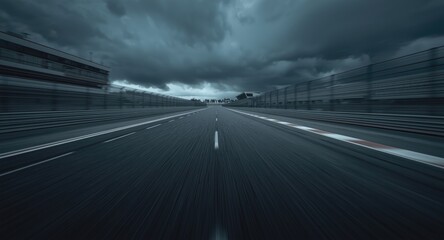 Empty international asphalt racing track captured with blurred motion in dark storm