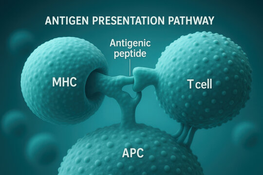 Detailed medical illustration of antigen presentation pathway. focused view shows rounded immune cells, an APC presenting an antigenic peptide via MHC to T cell for learning