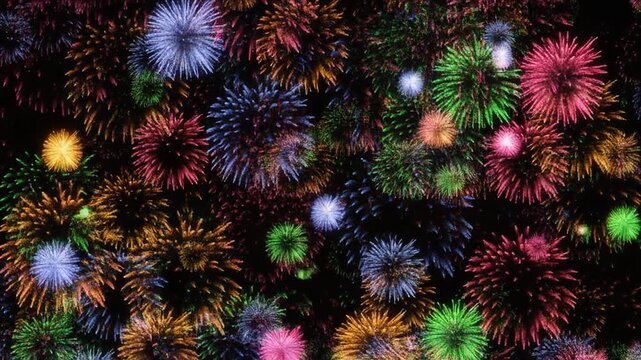 Colorful fireworks exploding at night with Happy New Year text