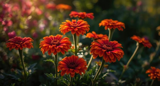 Flourishing garden scene with vibrant Tagetes patula flowers in red and orange petals