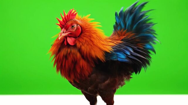 Rooster strutting on white floor against green background 4k video