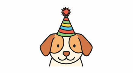 Naklejka premium A cartoon dog wearing a colorful party hat celebrates a joyful occasion with a festive atmosphere and playful demeanor in an illustration.