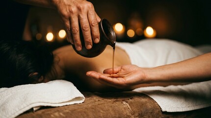 落ち着いた照明の下でオイルを使った癒しのスパトリートメント
