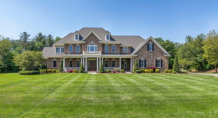 Beautifully kept upscale house with expansive lawn and text copy space