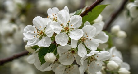 Fototapeta premium Close perspective on white hawthorn spring blossoms emphasizing petals